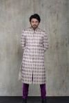 Beige and Purple Thread Work Sherwani with Plain Kurta and Churidar