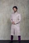 Beige and Purple Thread Work Sherwani with Plain Kurta and Churidar