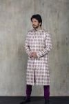 Beige and Purple Thread Work Sherwani with Plain Kurta and Churidar
