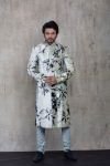 Mint Blue Tie Dye Print Sherwani with Plain Kurta and Churidar
