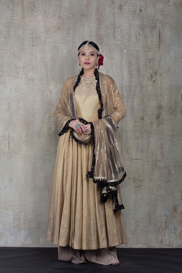 Beige Anarkali with Pant and Net Dupatta
