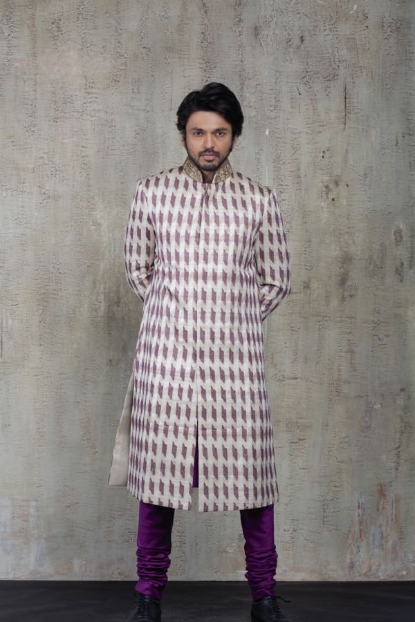 Beige and Purple Thread Work Sherwani with Plain Kurta and Churidar