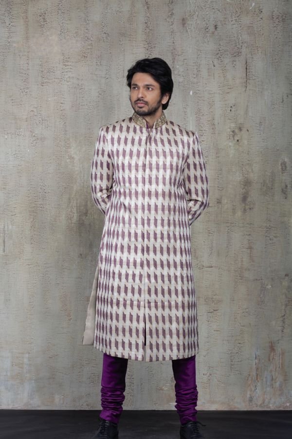 Beige and Purple Thread Work Sherwani with Plain Kurta and Churidar