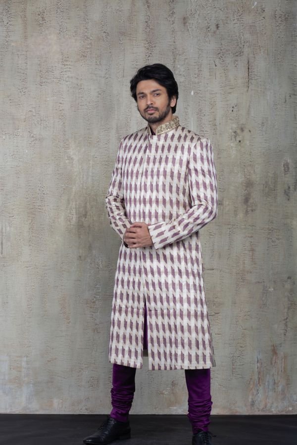 Beige and Purple Thread Work Sherwani with Plain Kurta and Churidar