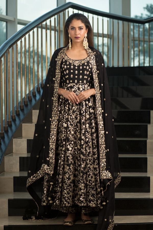 Black Kalidar with Straight Fit Pants and Dupatta