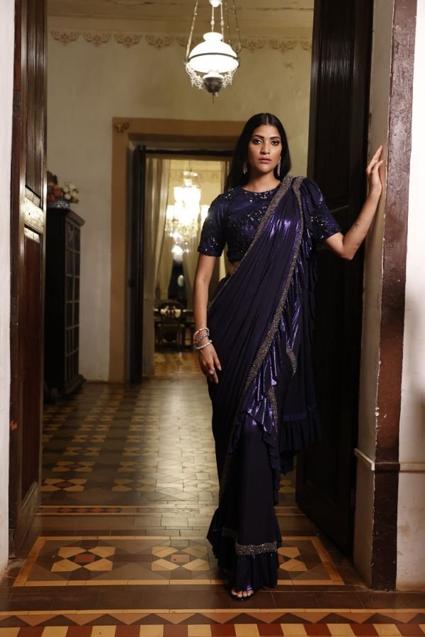 Blue Frill Saree with Heavy Border and Crop Top Choli