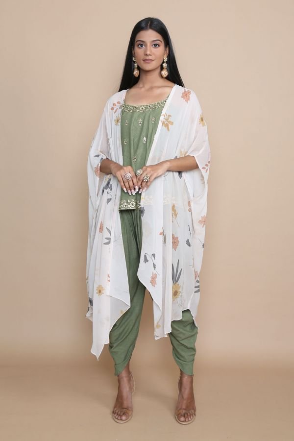 Doodle Printed Cape with Olive Green Singlet and Cowl Pants