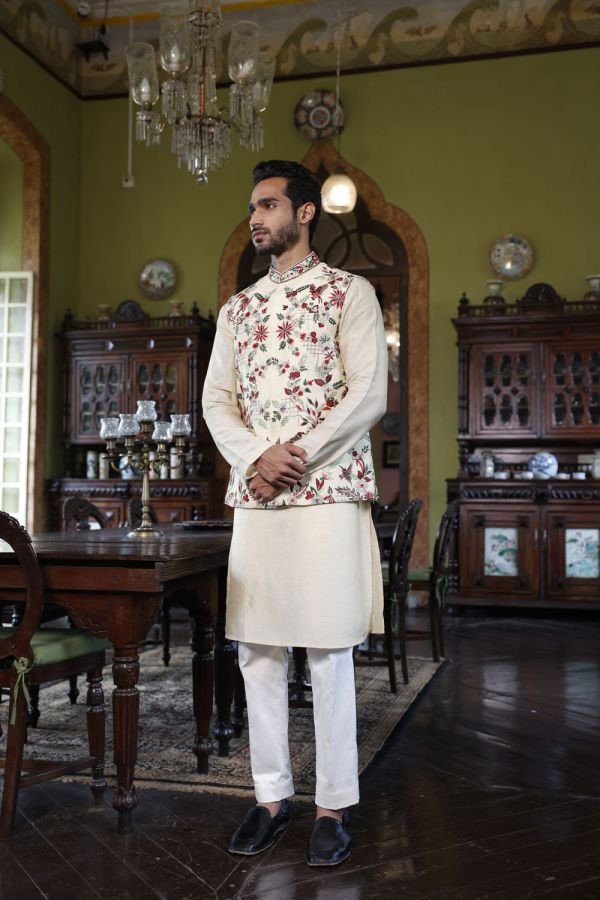 Ivory Abstract Foral Bundi with Kurta and Pant