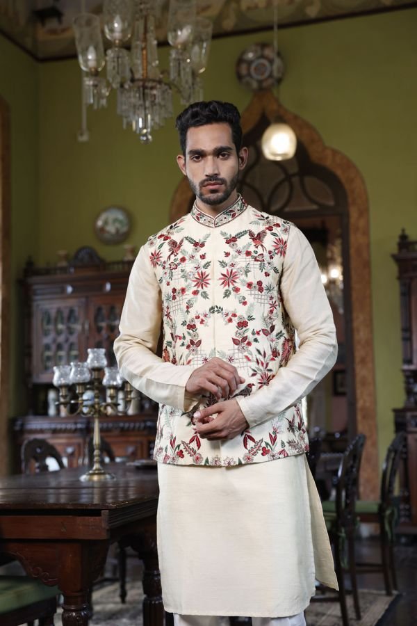Ivory Abstract Foral Bundi with Kurta and Pant