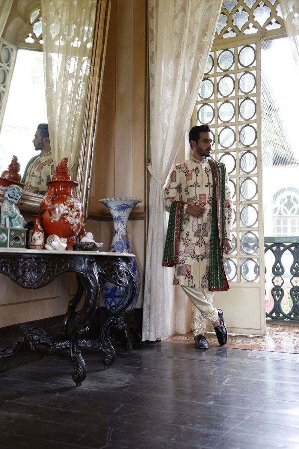 Ivory Embroidered Sherwani with Kurta and Churidar