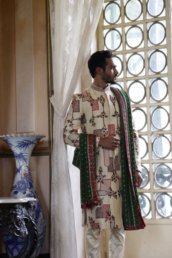 Ivory Embroidered Sherwani with Kurta and Churidar