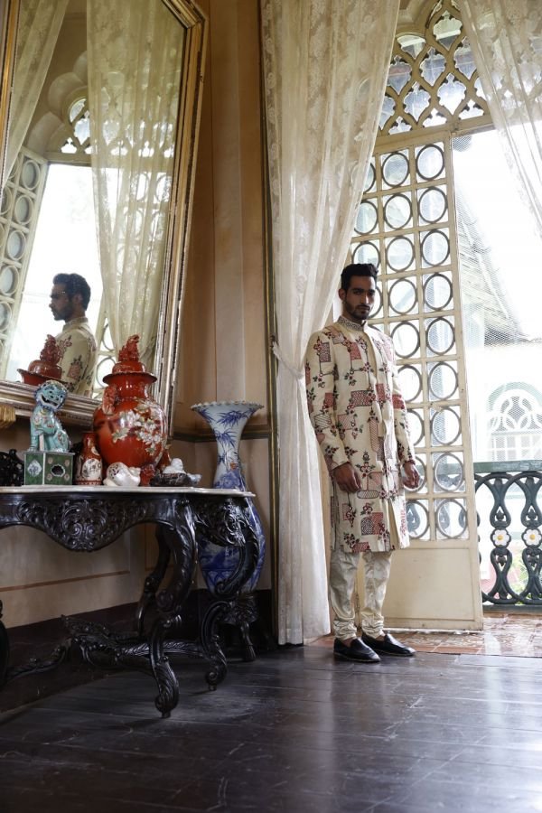 Ivory Embroidered Sherwani with Kurta and Churidar