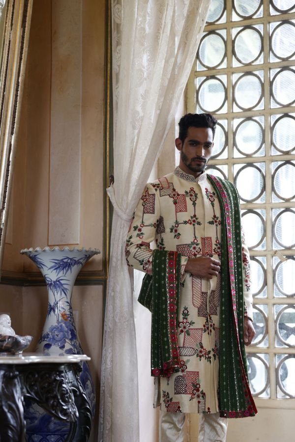 Ivory Embroidered Sherwani with Kurta and Churidar