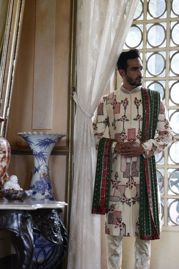 Ivory Embroidered Sherwani with Kurta and Churidar