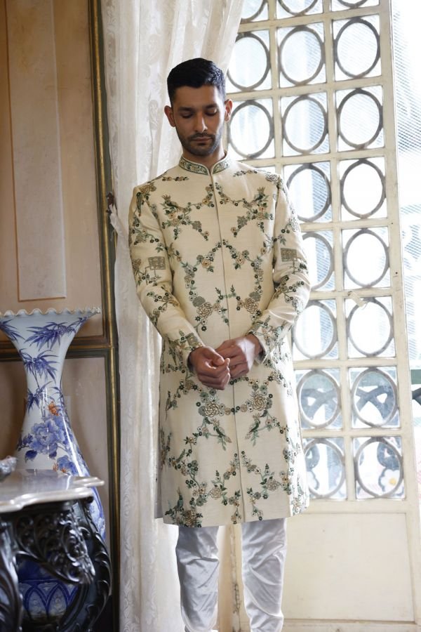 Ivory Embroidered Sherwani with Kurta and Churidar