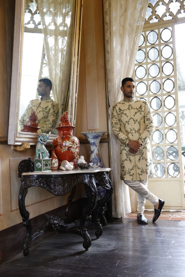 Ivory Embroidered Sherwani with Kurta and Churidar