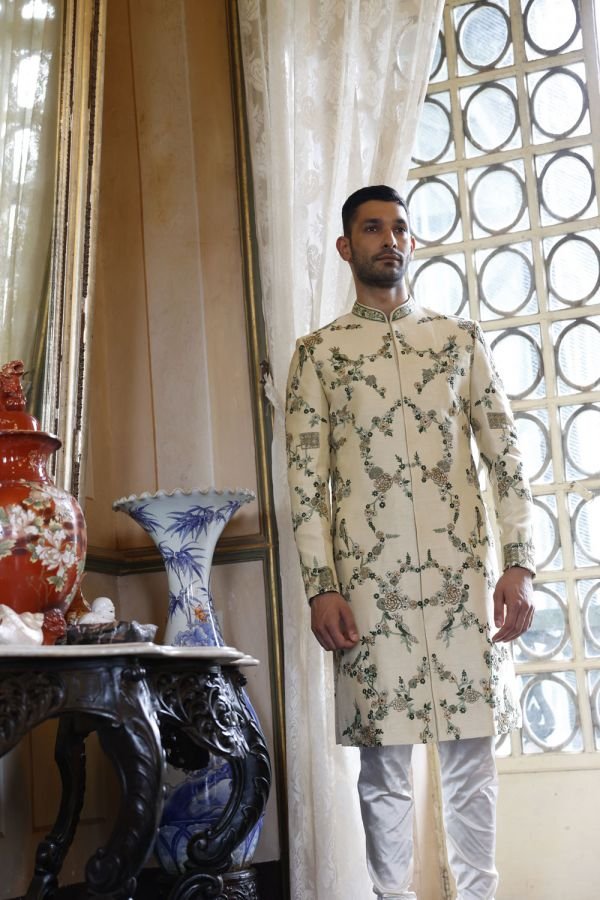 Ivory Embroidered Sherwani with Kurta and Churidar
