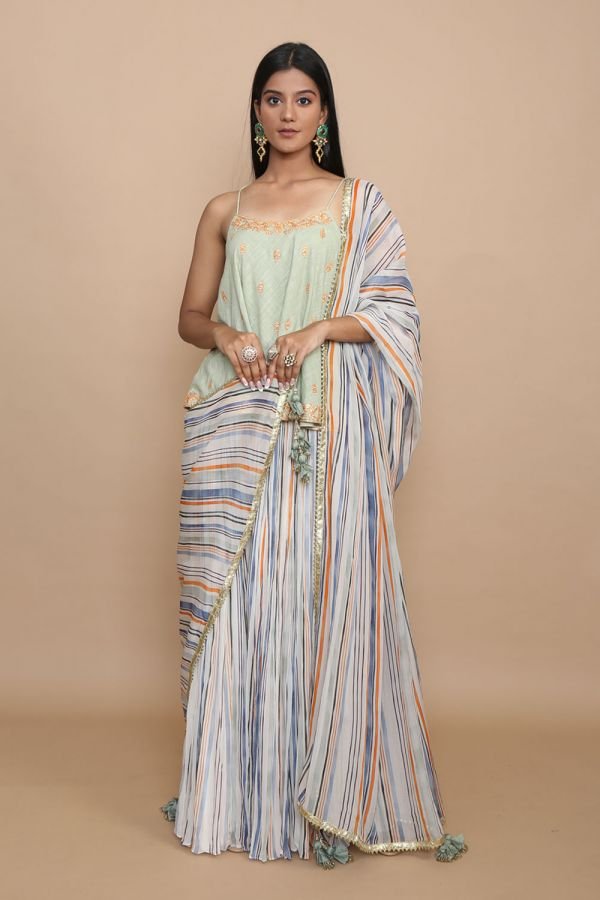 Mint Singlet with Blue Strips Printed Flare Pant and Dupatta