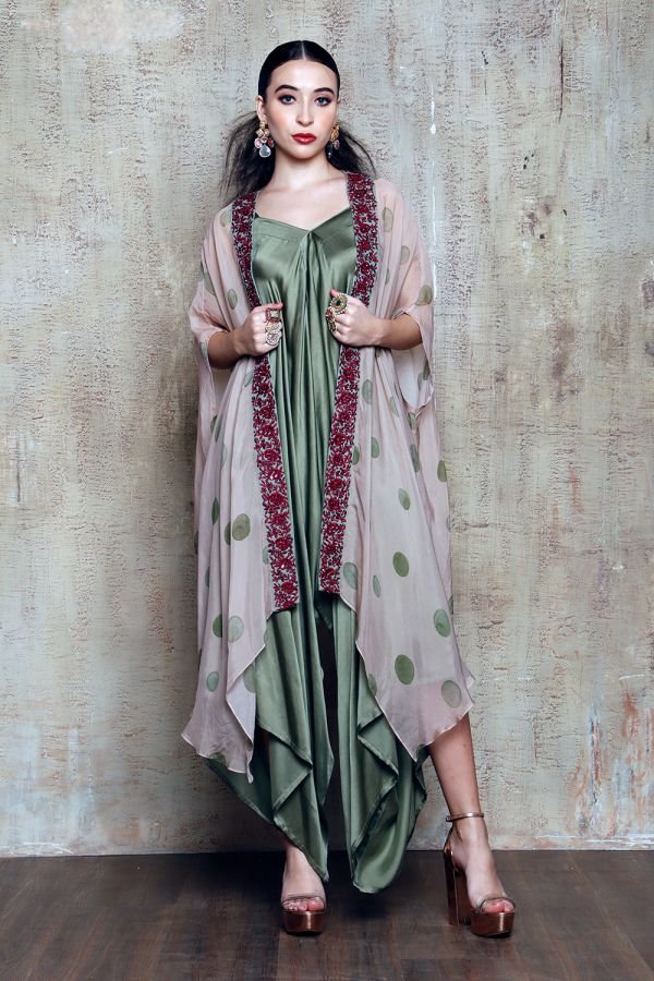 Olive Green Jumpsuit with Printed Peach and Green Polka Dot Cape