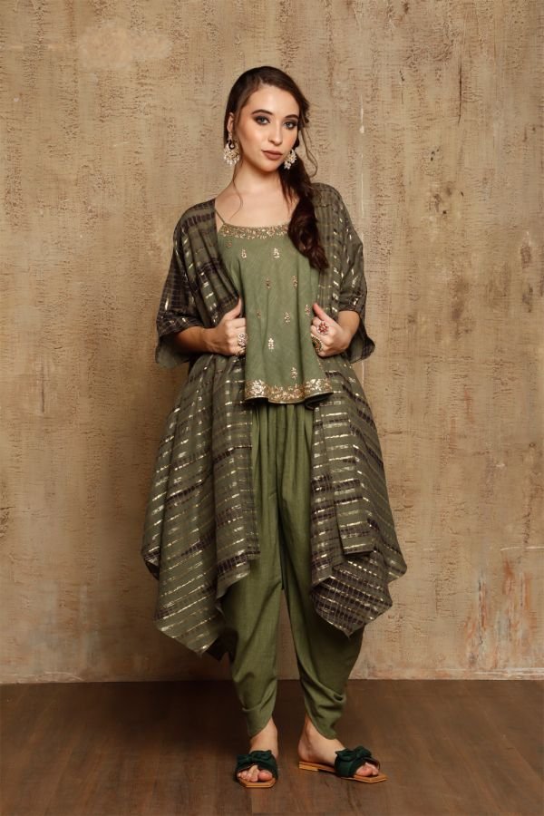 Olive Green Shibori Cape with Singlet and Cowl Pants