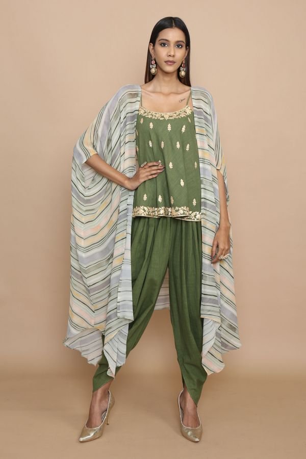 Olive Green Striped Printed Cape with Singlet and Cowl Pants