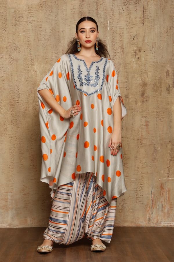 Orange Polka Dot Printed Kaftan Kurta 