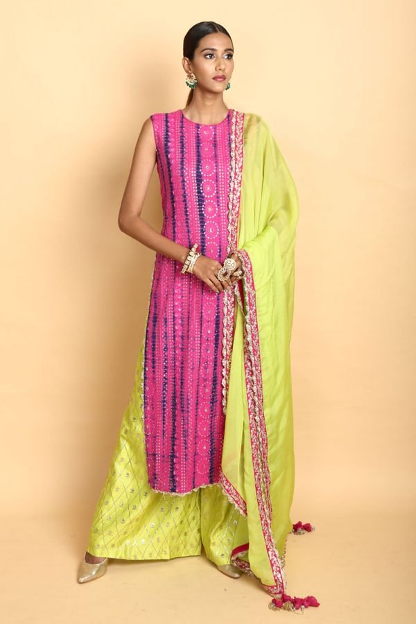 Pink and Navy Blue Tie-Dye Kurta with Lime Pant and Lime Dupatta