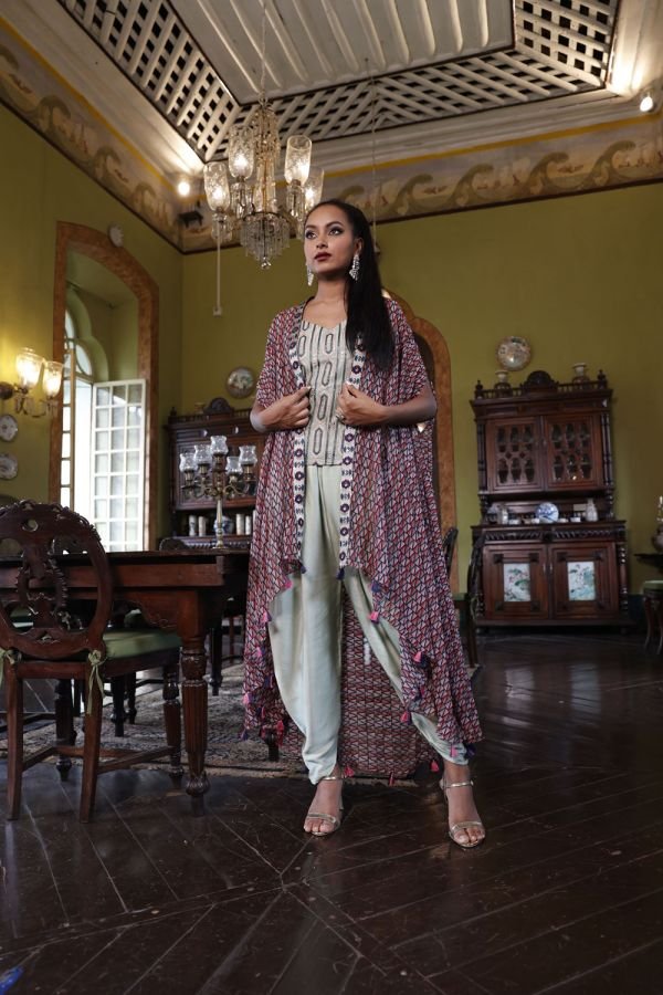 Printed Cape with Pre-Embroidered Singlet and Salwar Pants
