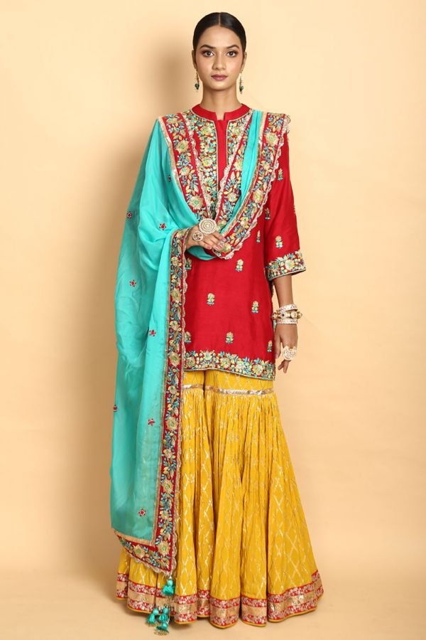 Red Short Kurta with Brocade Sharara and Dupatta