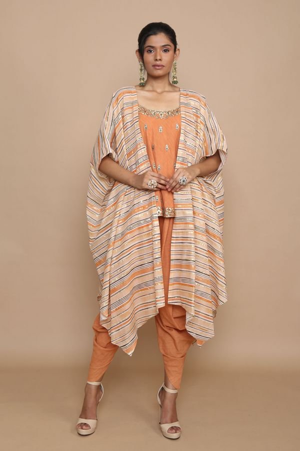 Rust Stripes Printed Cape with Mint Singlet and Cowl Pants