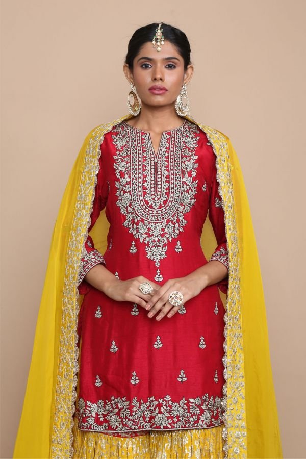 Short Red Kurta with Sharara and Dupatta