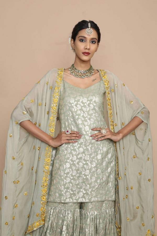 Teal Brocade Sharara with Singlet and Cape