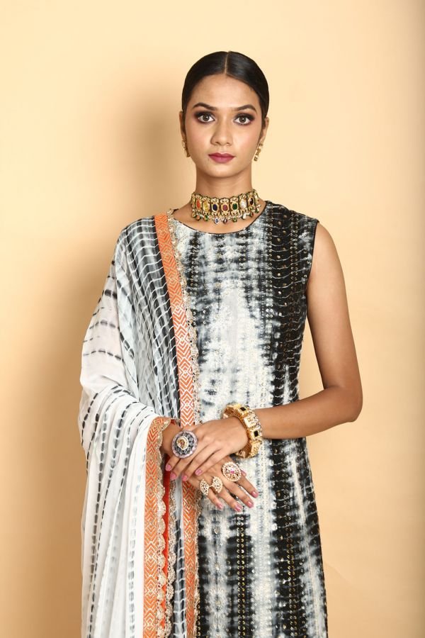 White and Black Tie-Dye Kurta and Dupatta with Orange Pant